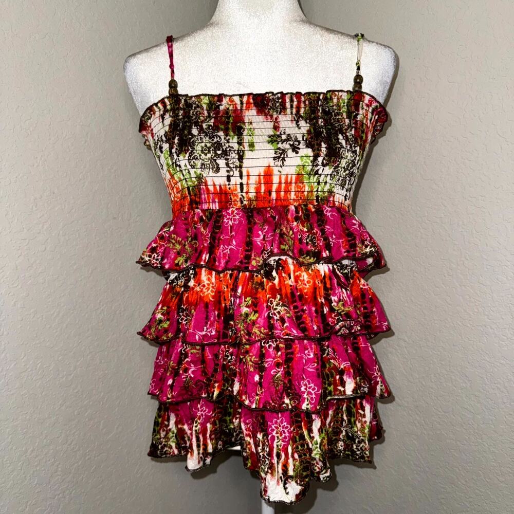 Y2K‎ Almost Famous Ruffle Tiered Blouse Top Women's XL Multi Boho Floral Smocked